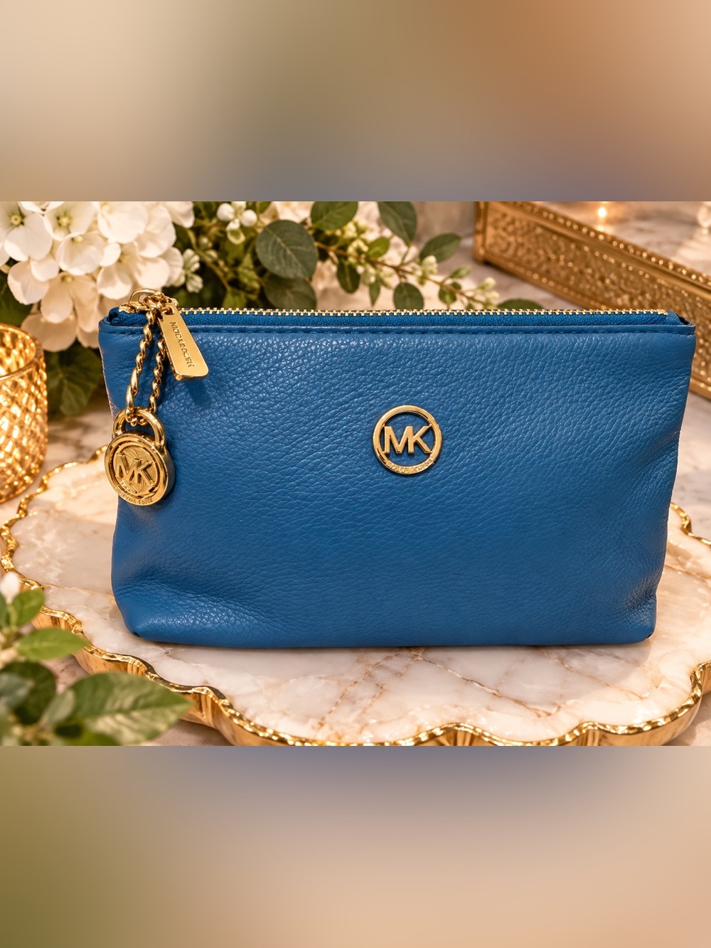 NWT Michael Kors Fulton Heritage Blue Leather Travel Case + MK Lock Charm